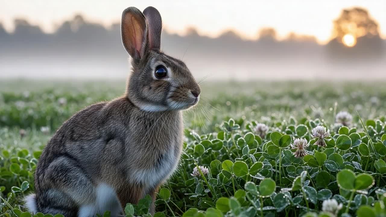 A Serene Morning Scene Featuring a Graceful Rabbit Amidst Dew-Kissed Clover Fields at Dawn, Capturing the Tranquility of Nature in a Beautiful Landscape