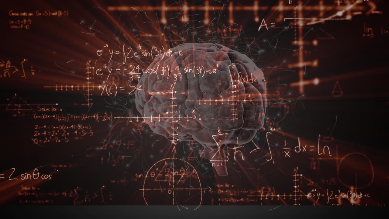 Animation of human brain spinning over mathematical equations on black board