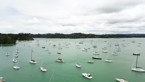 Lots-of-sailboats-anchored-in-Bay-of-Islands-on-overcast-day,-North-Island,-NZ