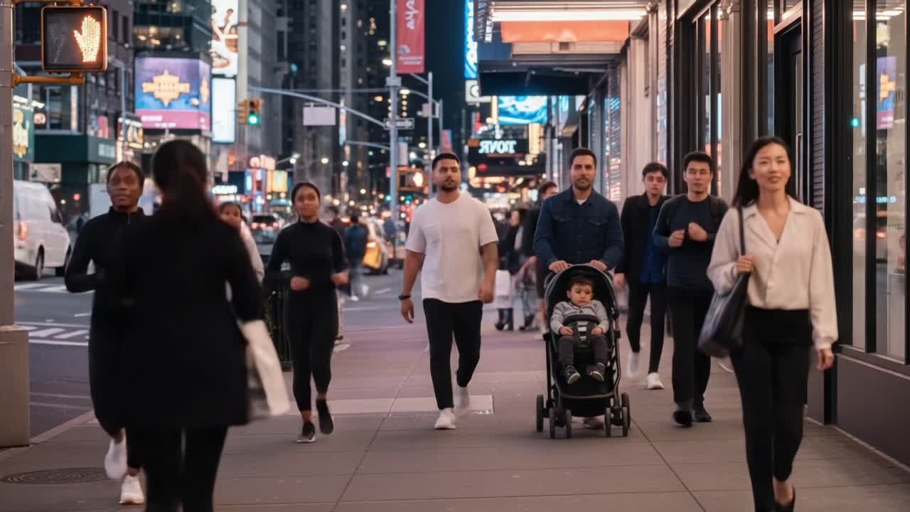A Vibrant Evening Stroll Through the City: People Walking, Jogging, and Enjoying Urban Life Amidst Bright Lights and Engaging Atmosphere