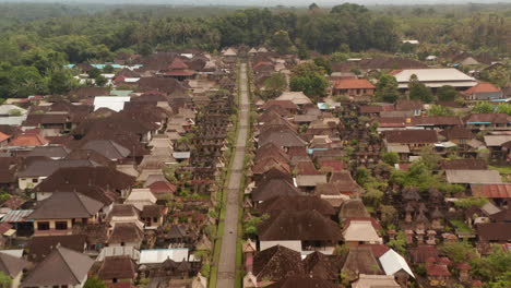 Flying-above-the-main-road-through-Penglipuran-village,-a-traditional-Bali-village.-Aerial-dolly-shot-of-residential-houses-in-small-rural-village-in-Bali,-Indonesia