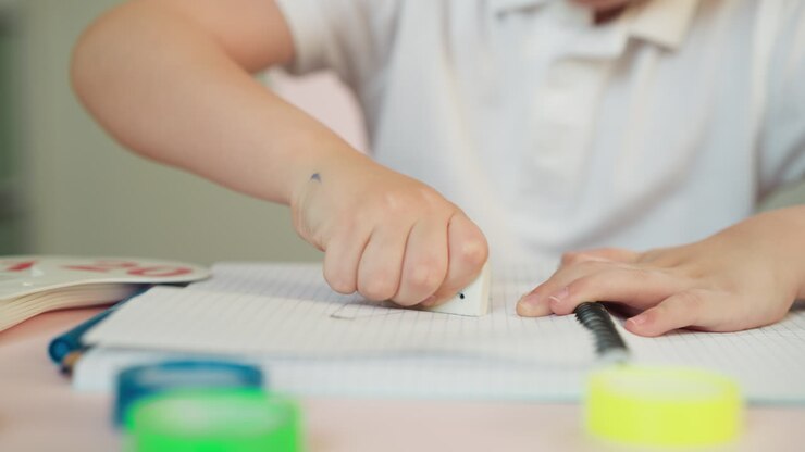 Little student removes bad picture with eraser at desk