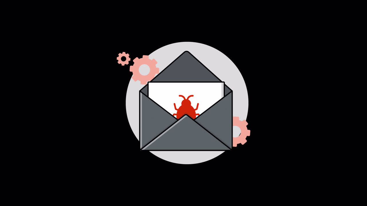 E-mail animata con icona di bug e ingranaggi rotanti