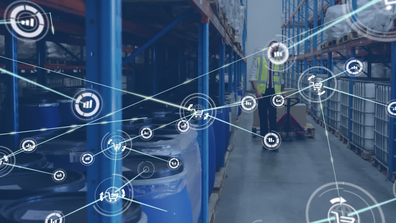 animación de una red de iconos digitales sobre un trabajador caucásico tirando de un camión de paletas en un almacén