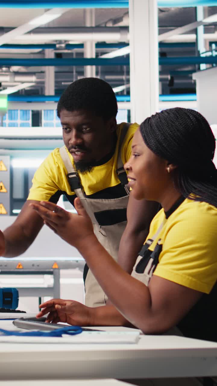 Vertical Video Black engineering team working at a high tech solar panel factory