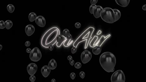 Animation-Von-Text-In-Der-Luft,-In-Weißen-Neonbuchstaben,-Mit-Schwarzen-Luftballons-Auf-Schwarzem-Hintergrund