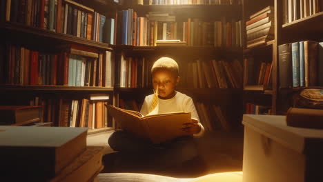 young child reading a book in a cozy library