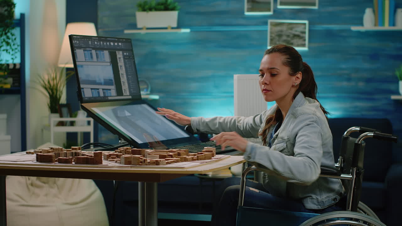 Disabled architect analyzing building model on touch screen
