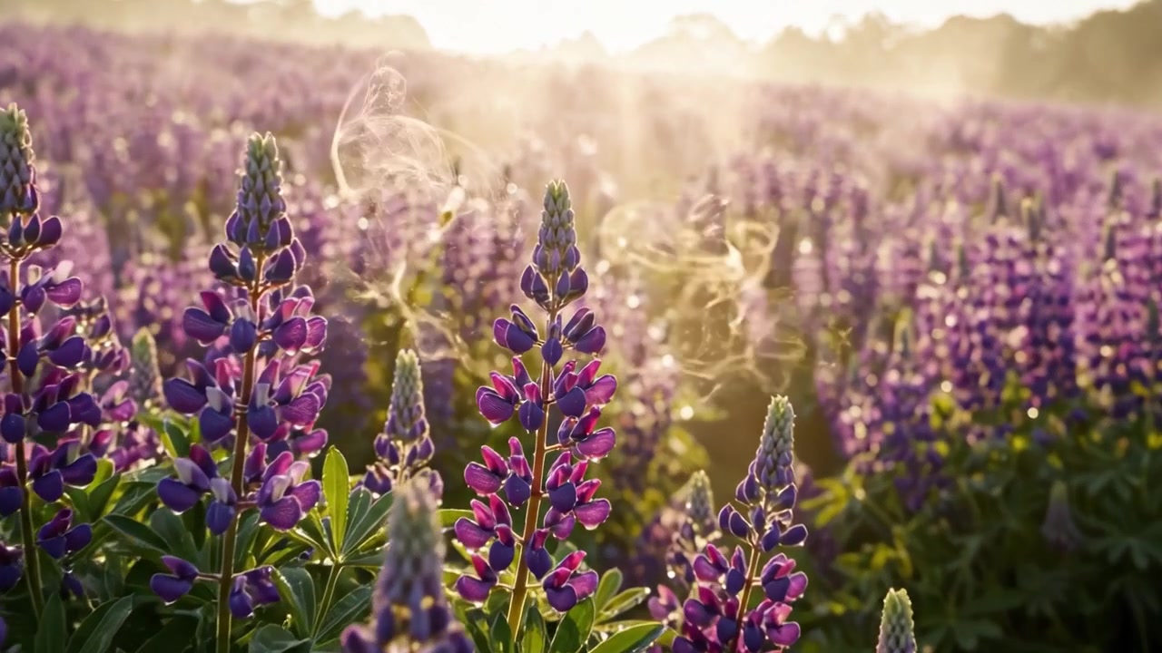 Un campo mozzafiato di lupini in fiore sotto un'alba dorata, che mostra la bellezza della natura con lussureggianti fiori viola baciati dalla morbida luce del mattino.
