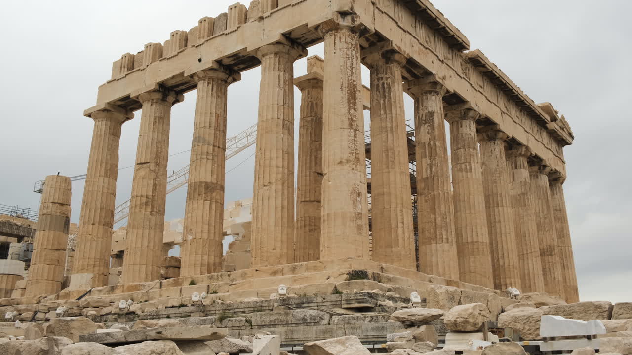 Tilt Up Reveal Parthenon Temple Ruins on the Athenian Acropolis, Greece
