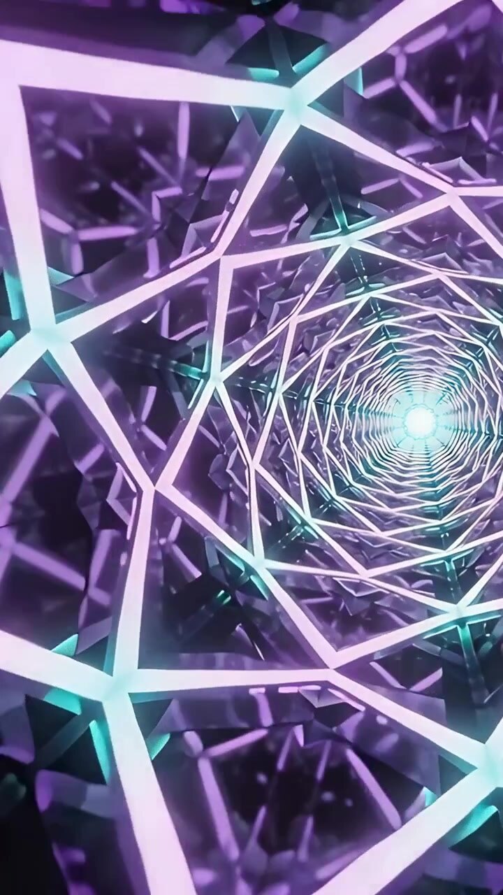 Video verticale: Sequenza che inizia con una spirale al neon che ruota verso l'interno in un tunnel a specchio con una luce centrale pulsante.