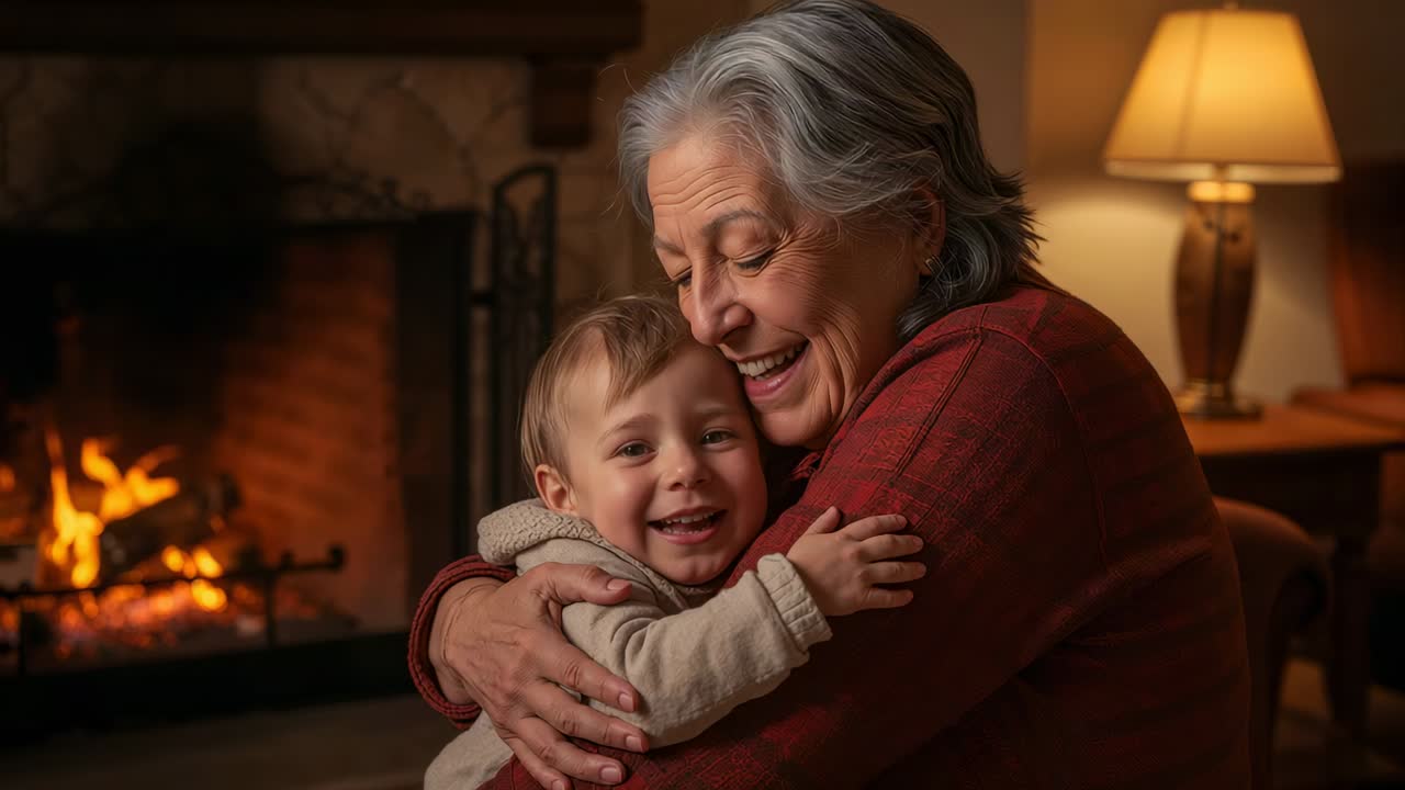 Beginning cradling grandmother holding toddler by lit fireplace in red plaid sweater, sharing bond