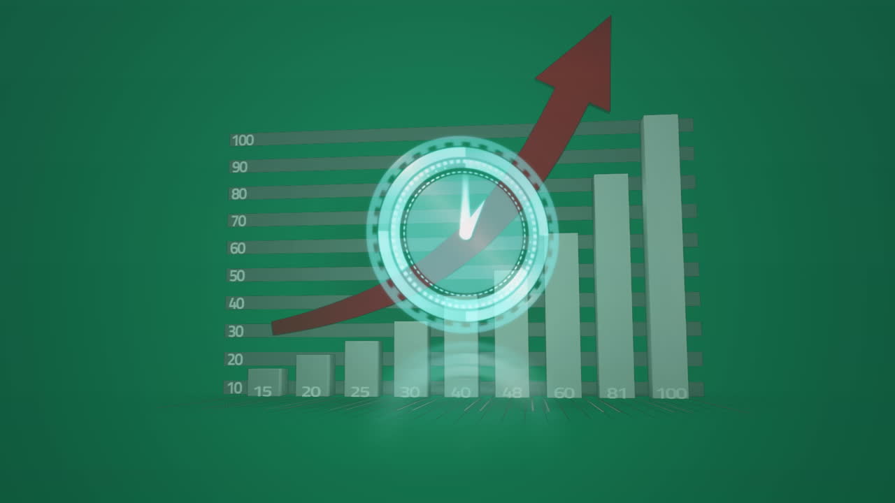Digital animation of neon ticking clock and statistical data processing against green background