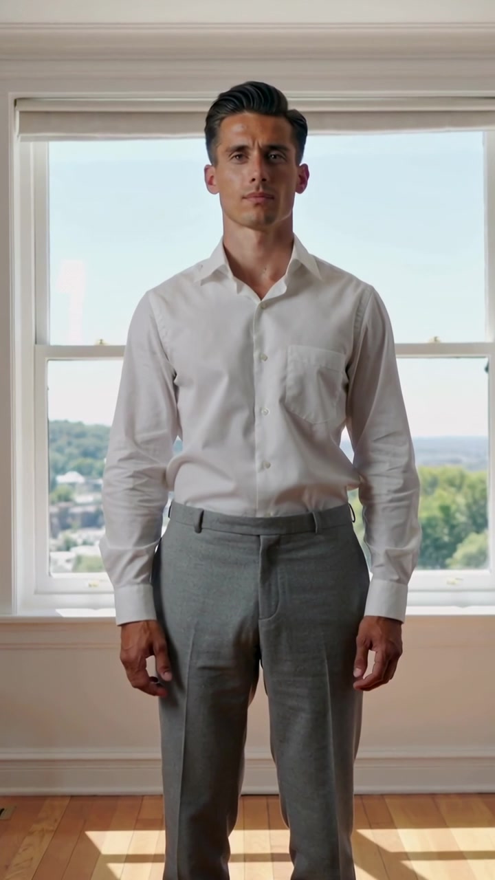 Video verticale: Uomo in camicia bianca e pantaloni grigi che registra, fermo alla finestra, mostrando la tenda.