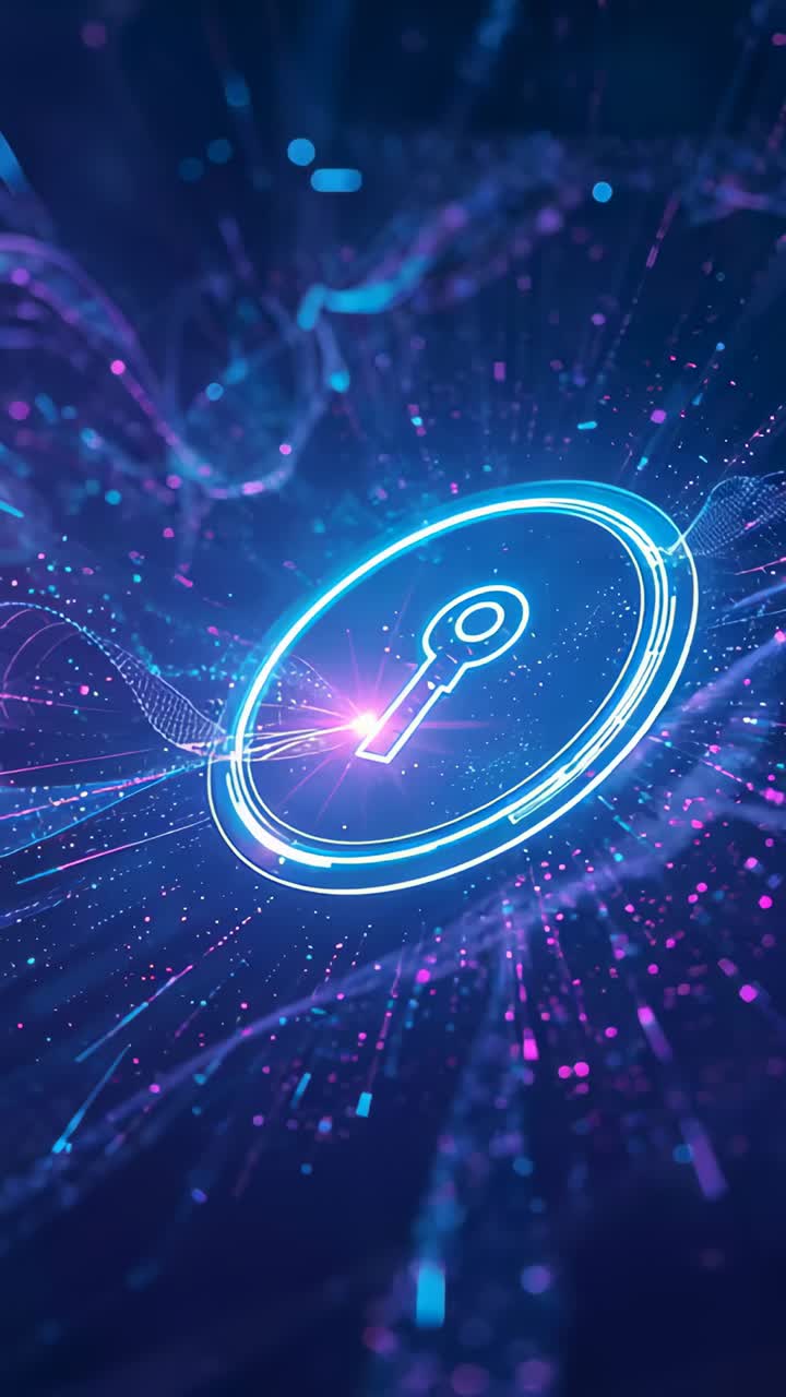 Video verticale: emblema chiave al neon pulsante che divampa in magenta in un'onda a rete cibernetica che segnala sicurezza