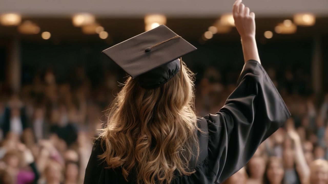 Un laureato orgoglioso che celebra un traguardo importante con tocco e toga, tra una folla di familiari e amici di supporto alla cerimonia di laurea