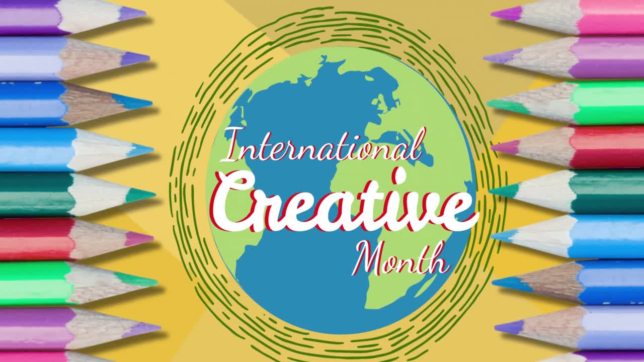 전 세계에 있는 연필의 애니메이션과 국제 창의적 달의 텍스트