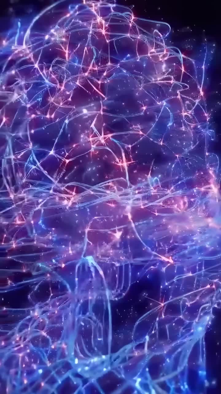 Video futuristico di un cervello digitale con reti neurali luminose, ripreso di profilo.