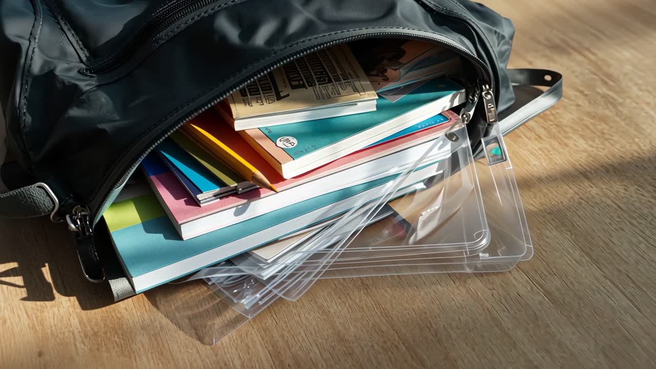 Backpack filled with books and school supplies on wooden floor