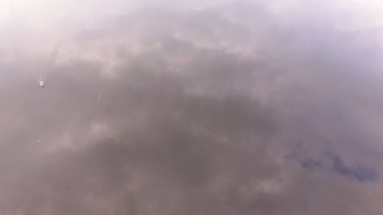 조업하는 어선 근처에 큰 폭탄을 떨어뜨리는 갈매기의 공중 영상