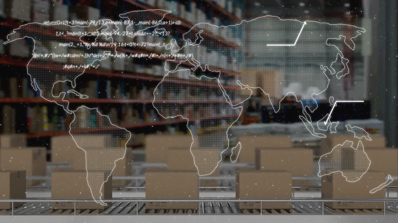 컴퓨터 언어의 애니메이션, 지도, 창고에 대한 컨베이어 벨트에 카드보드 상자