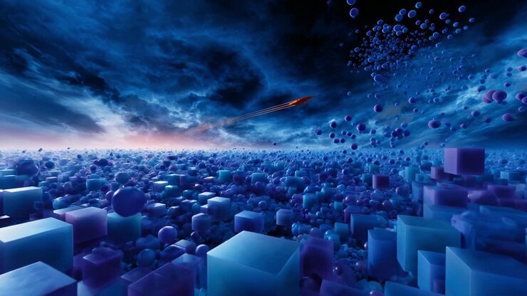 A Captivating Digital Landscape Featuring Floating Cubes and Spheres in Shades of Blue and Purple Against a Dramatic Sky with Ethereal Light, Evoking a Sense of Infinity and Cosmic Wonder