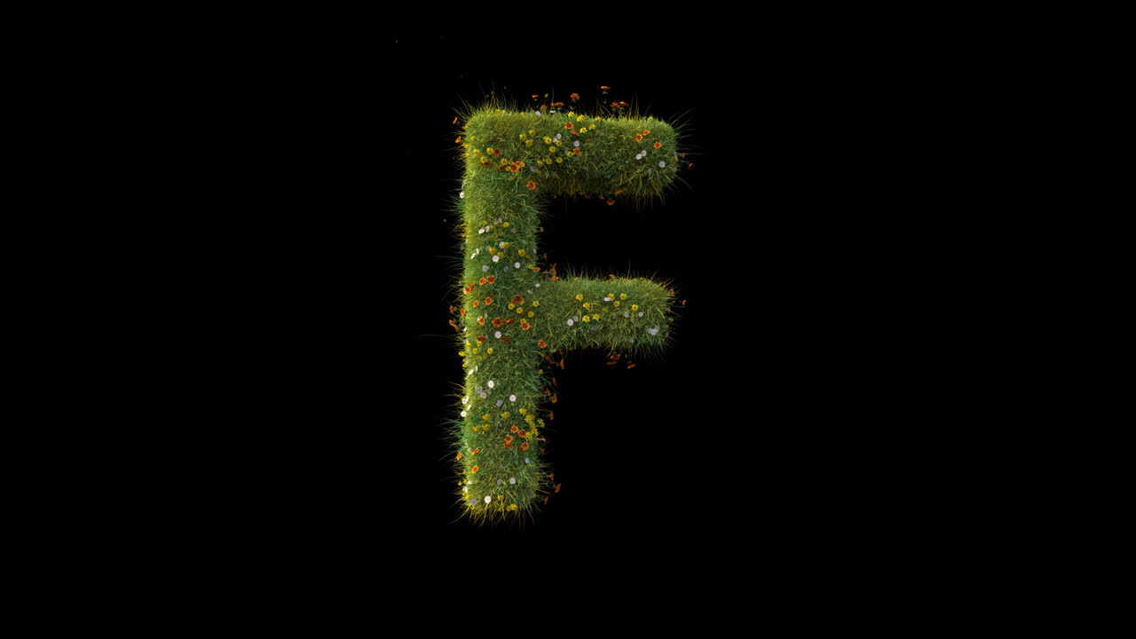 Lettera F che cresce con erba e fiori su sfondo nero