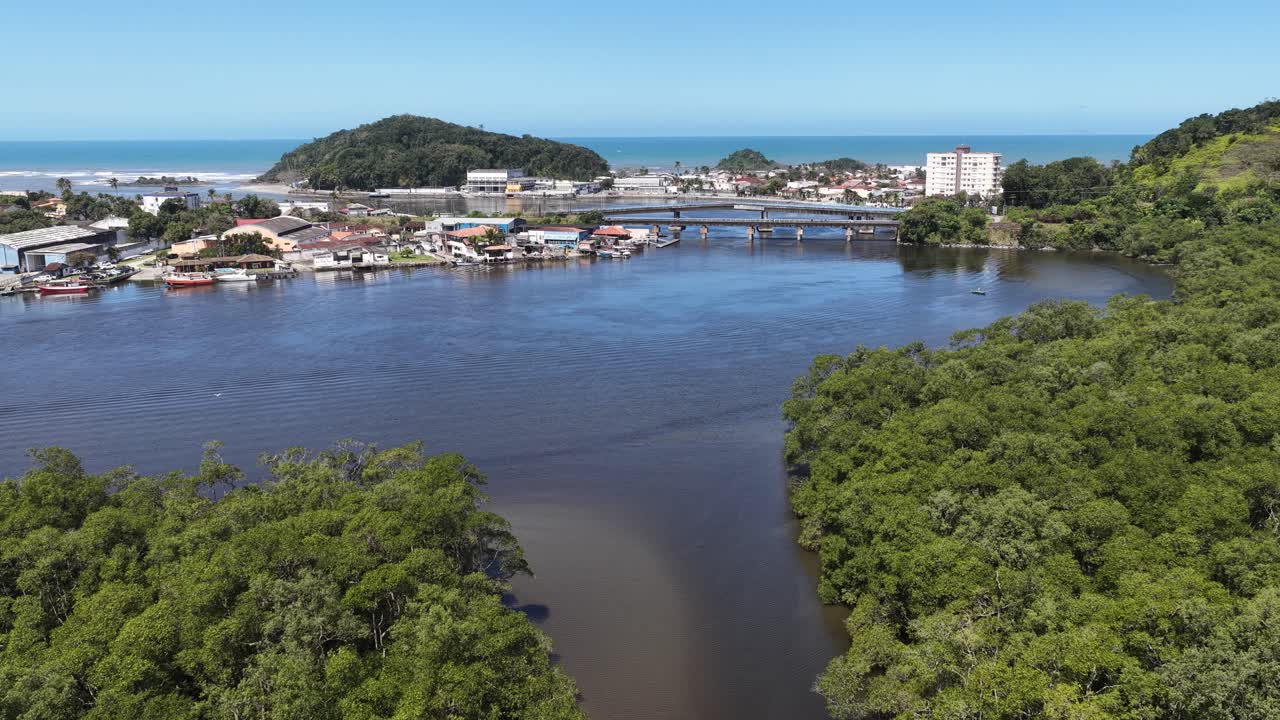 Itanhaem River At Itanhaem In Sao Paulo Brazil. Coast City Skyline. Atlantic Forest Landscape. Summer Travel. Itanhaem River At Itanhaem In Sao Paulo Brazil. Nature Scenery