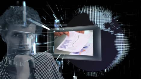 animation of digital screens and globe over caucasian man