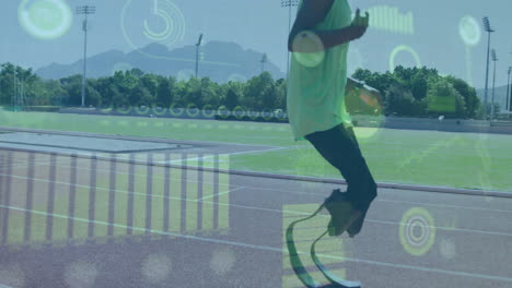 running athlete with prosthetic legs, data analysis animation over sports track