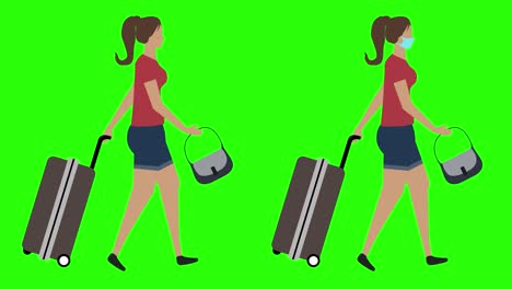 women with trolley walking cycle seamless loop , face mask version, green screen chroma key animation, flat design