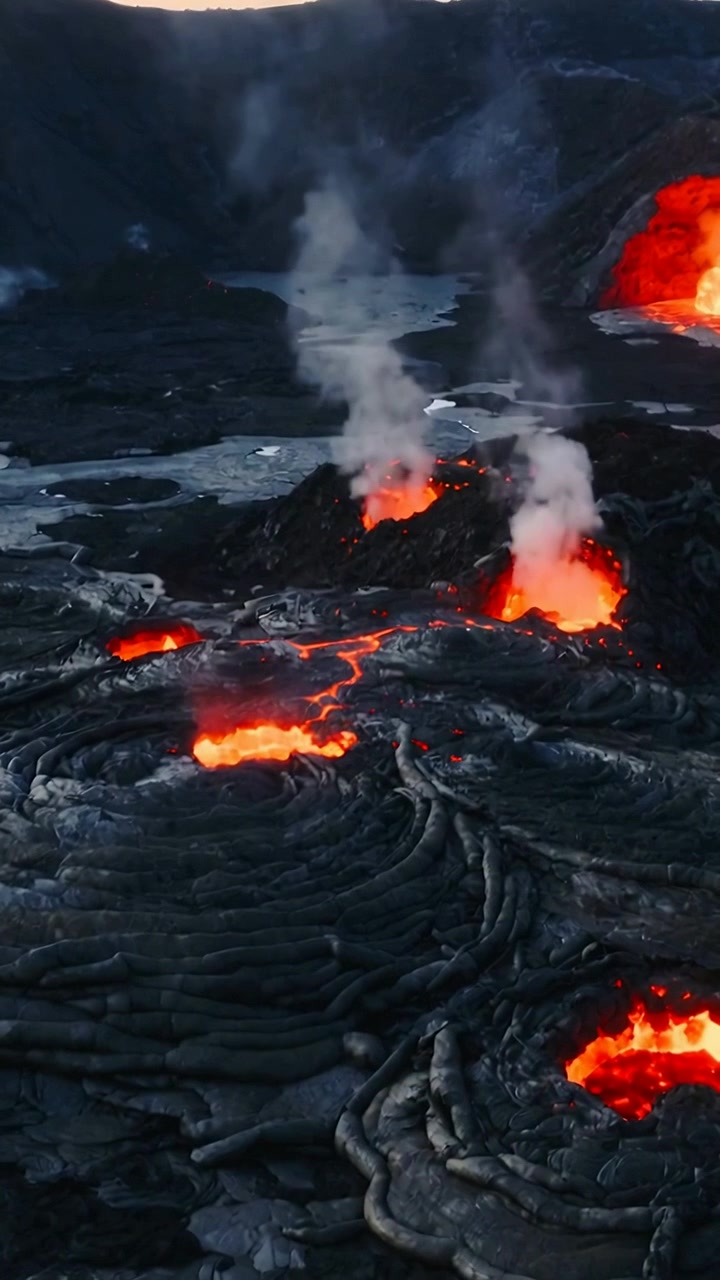 Vertical video: Drone approaching, monitoring eruption at crater, recording lava pools and steam