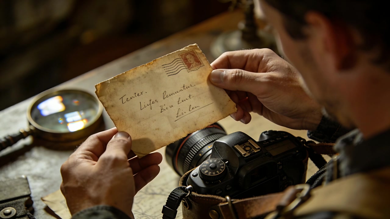 Uomo in giacca che prende una busta affrancata e studia il timbro postale in cerca di indizi a un tavolo di legno, con una DSLR e una lente d'ingrandimento.