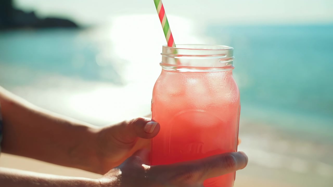 Nærbilde av hender som holder en glasskrukke med en rosa isdrikk og stripet sugerør, satt mot en lys strandscene med myk havbokeh og varmt dagslys.