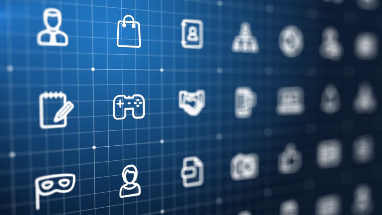 4k abstracto animación 3d. fondo de la red de redes sociales. mover, deslizar, cambiar en la cuadrícula del ciberespacio. interfaz futurista, concepto de sistema de interacción. tecnología digital, contenido, personas, como icono de línea delgada. bucle sin costuras.