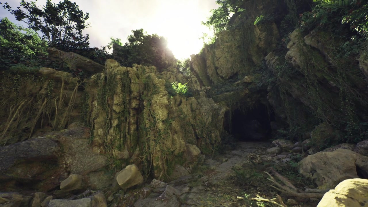 Tranquil outdoor location showcasing secret cave and lush moss features
