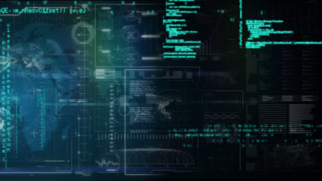 Animación-Del-Globo-Girando-Con-Procesamiento-De-Datos-Y-Red-De-Pantallas-Sobre-Fondo-Negro