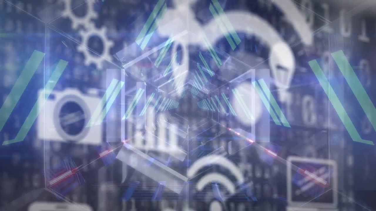 animación de iconos tecnológicos sobre el túnel con luces de neón y procesamiento de datos