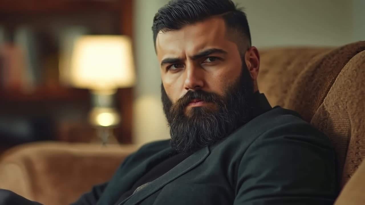 un hombre con una larga barba sentado en un sofá