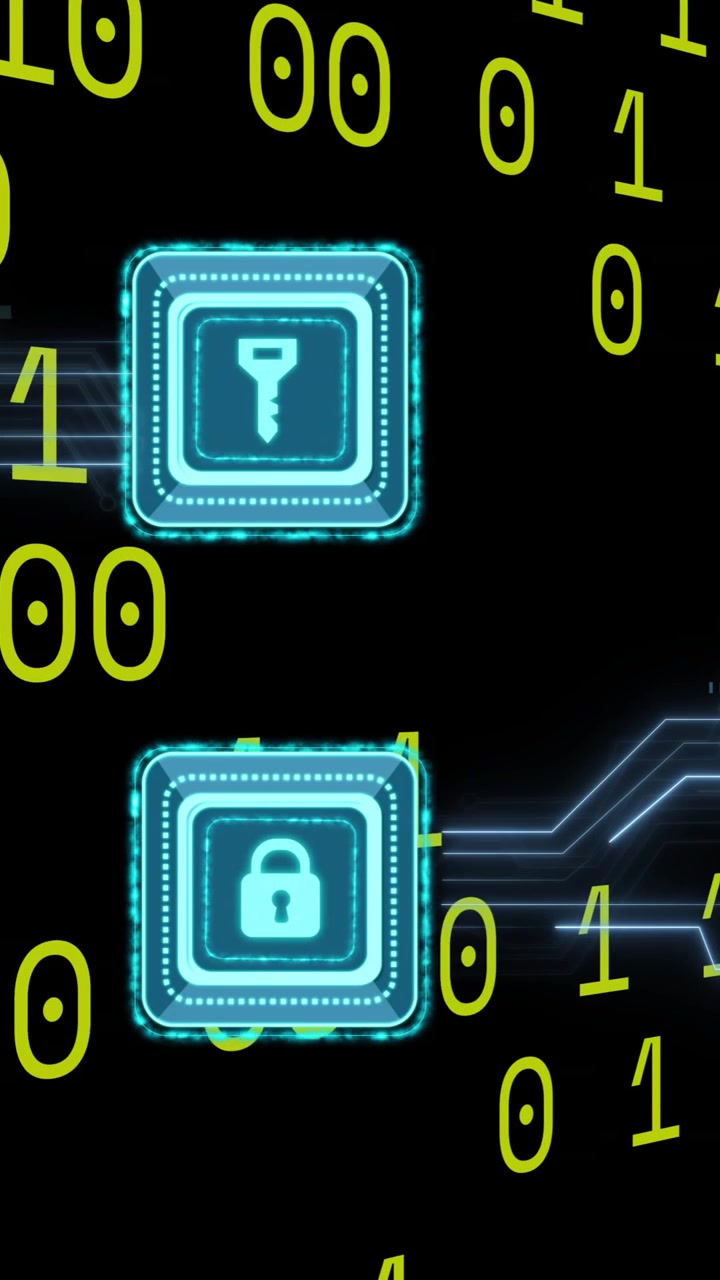 Animation of key, padlock icons, binary coding over circuit board on black background