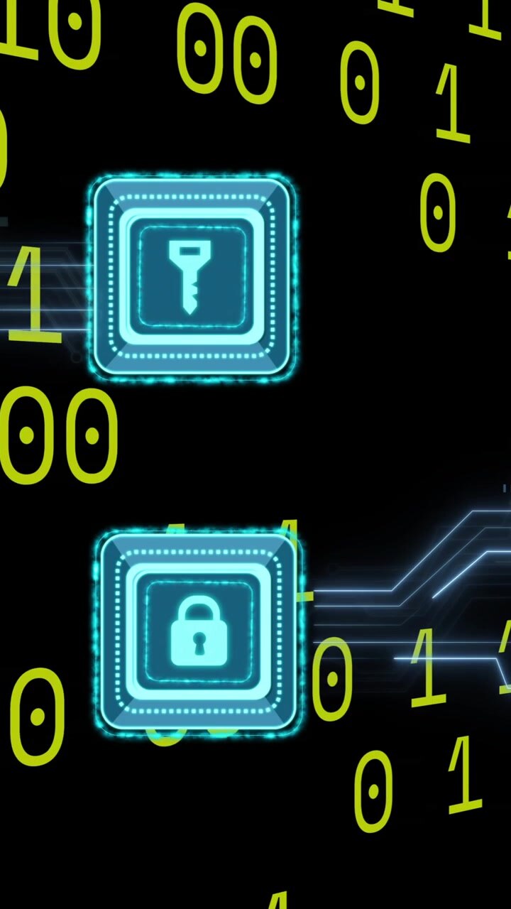 Animation of key, padlock icons, binary coding over circuit board on black background