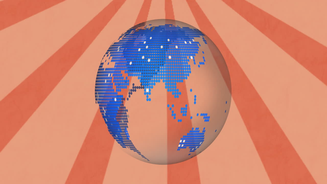 오렌지색 방사선 배경 위에 파란색 디지털 대륙 애니메이션으로 회전하는 지구