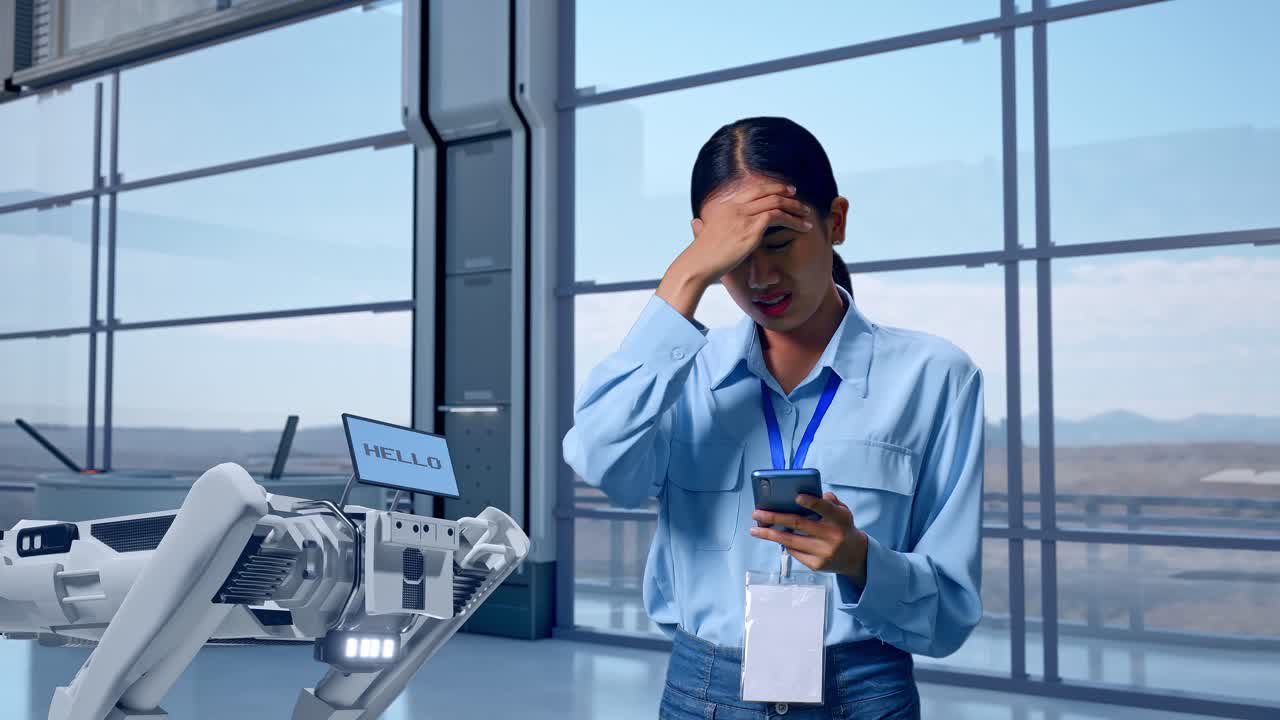 아시아 여성 직업 노동자가 하이테크 공장에서 스마트폰을 들고 서서, 로 개, 그녀는 실망스럽게 머리를 흔들고 있습니다.