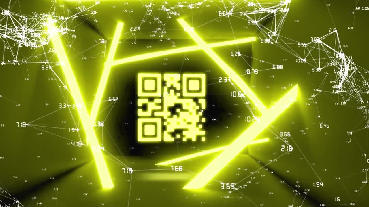 QR code scanner with neon elements against network of connections
