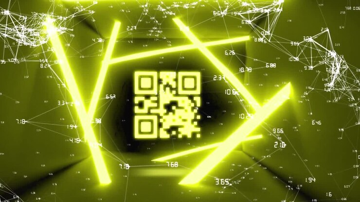 QR code scanner with neon elements against network of connections