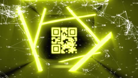 escáner de código qr con elementos de neón contra la red de conexiones