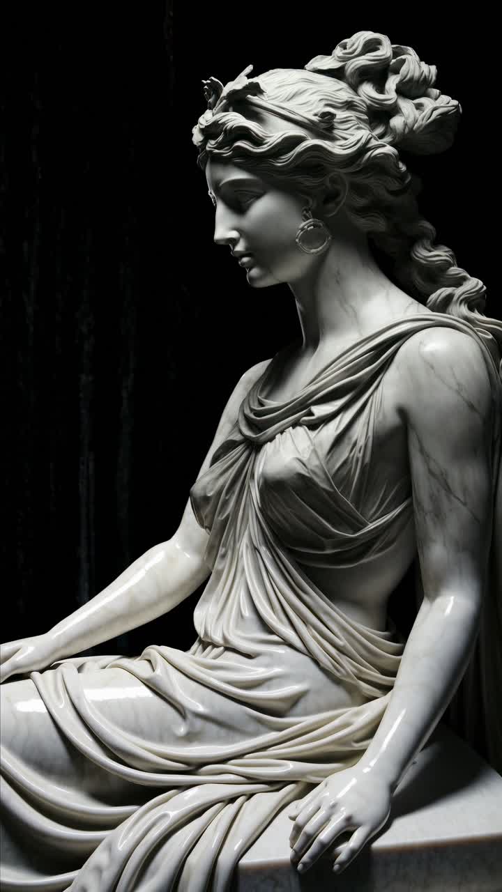 A video showcasing a marble statue of a woman in a classical style, captured from a side angle