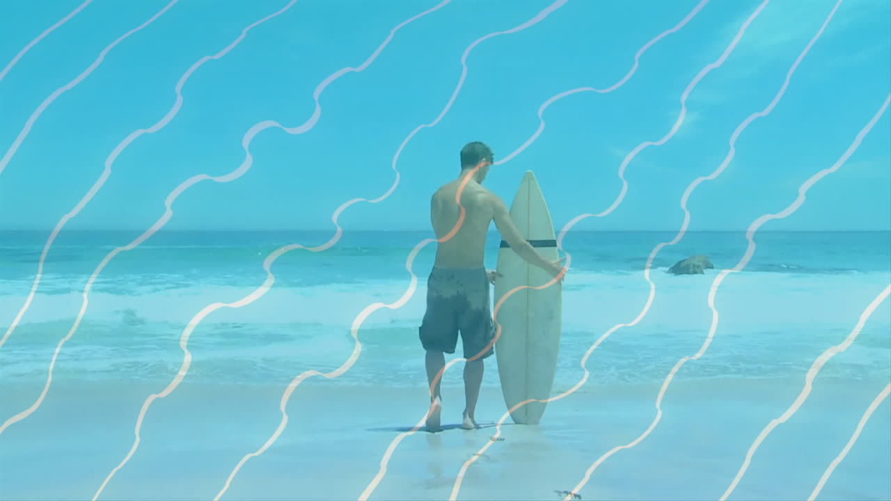 Man holding surfboard facing ocean, with animated health charts and pastel wave lines