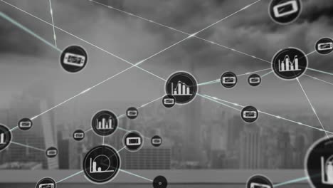 animation of graph and phone icons connected with lines over clouds over skyscrapers