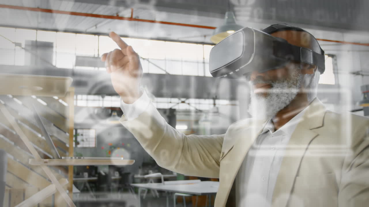 Multiple digital icons over african american senior businessman wearing a vr headset at office